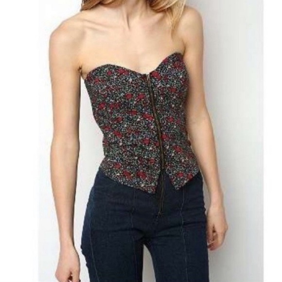 Urban Outfitters Red & Green Floral Front Zip Tuxedo Bustier Strapless Tank Top - Picture 15 of 15